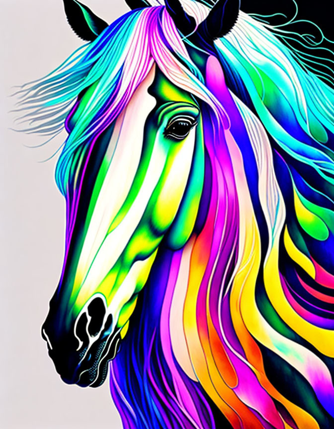 Vibrant multi-colored striped horse on gray background