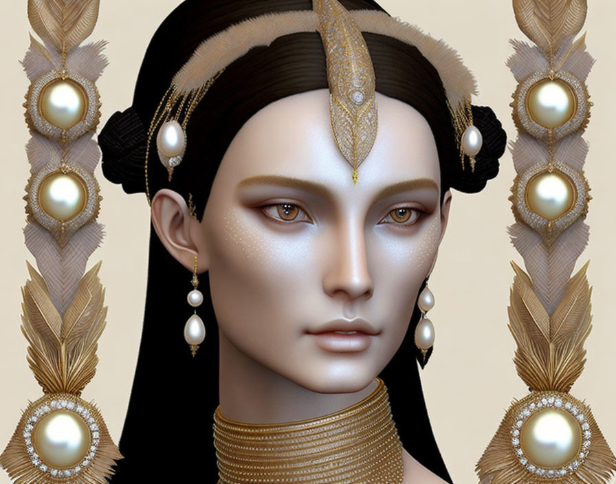 Intricate gold headdress and pearl ornaments on a woman in digital art