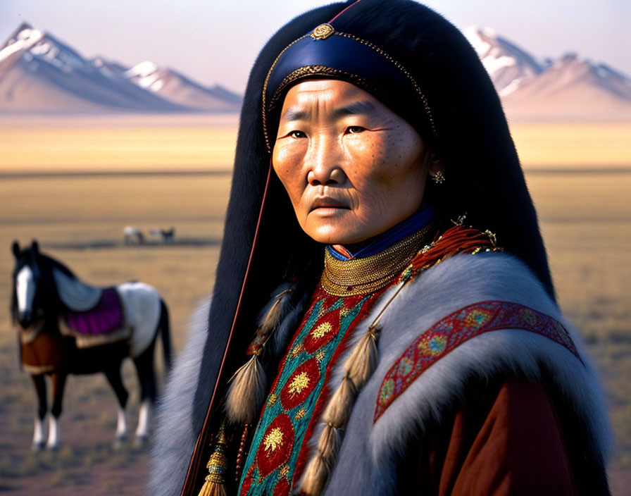 Traditional Mongolian attire person with horse and mountains.