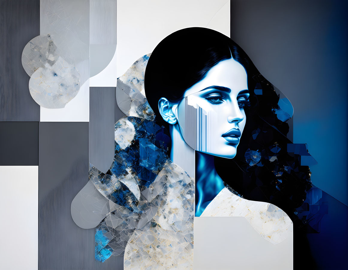 Blue-toned woman's profile with geometric shapes and marbled textures in monochrome.