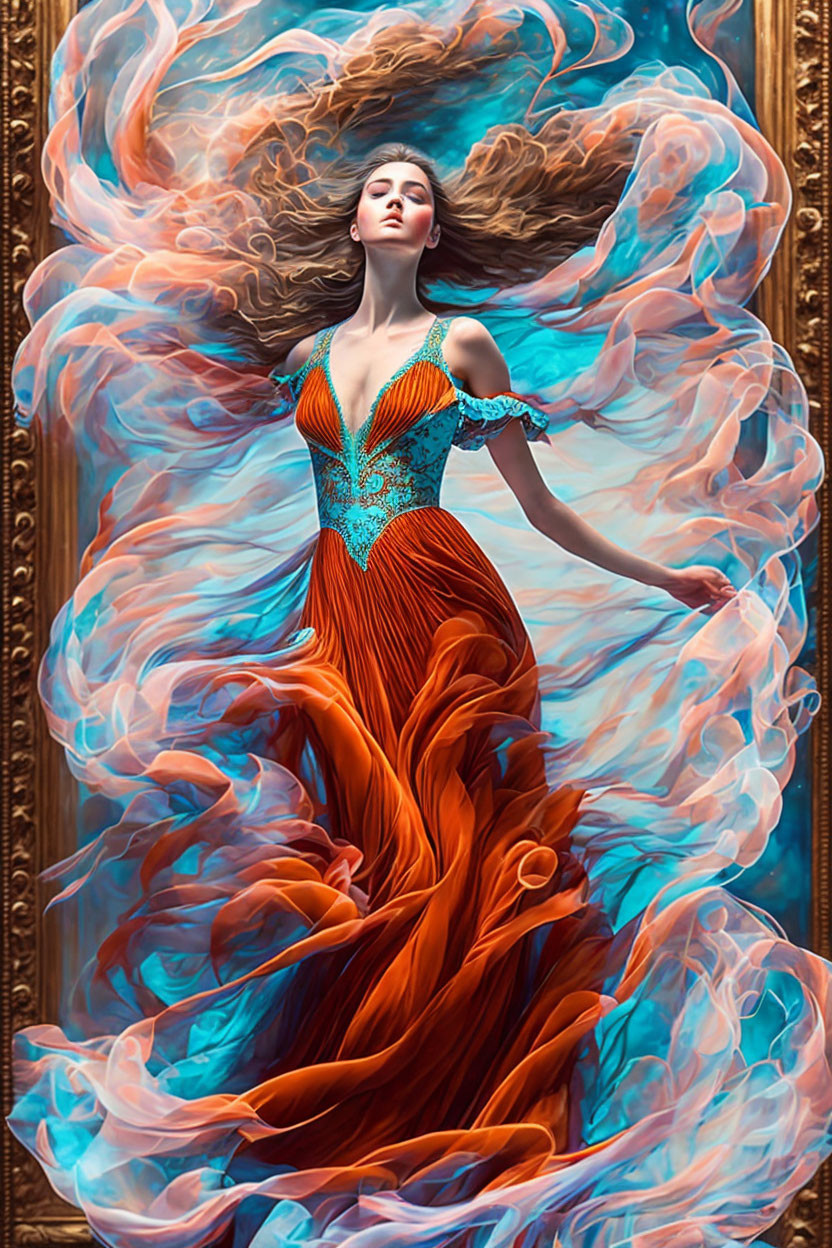 Vibrant orange and blue dress with smoke-like details in ornate frame