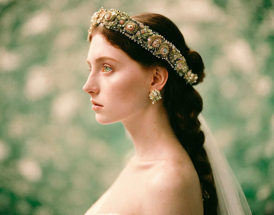 Jeweled headpiece woman portrait on green background