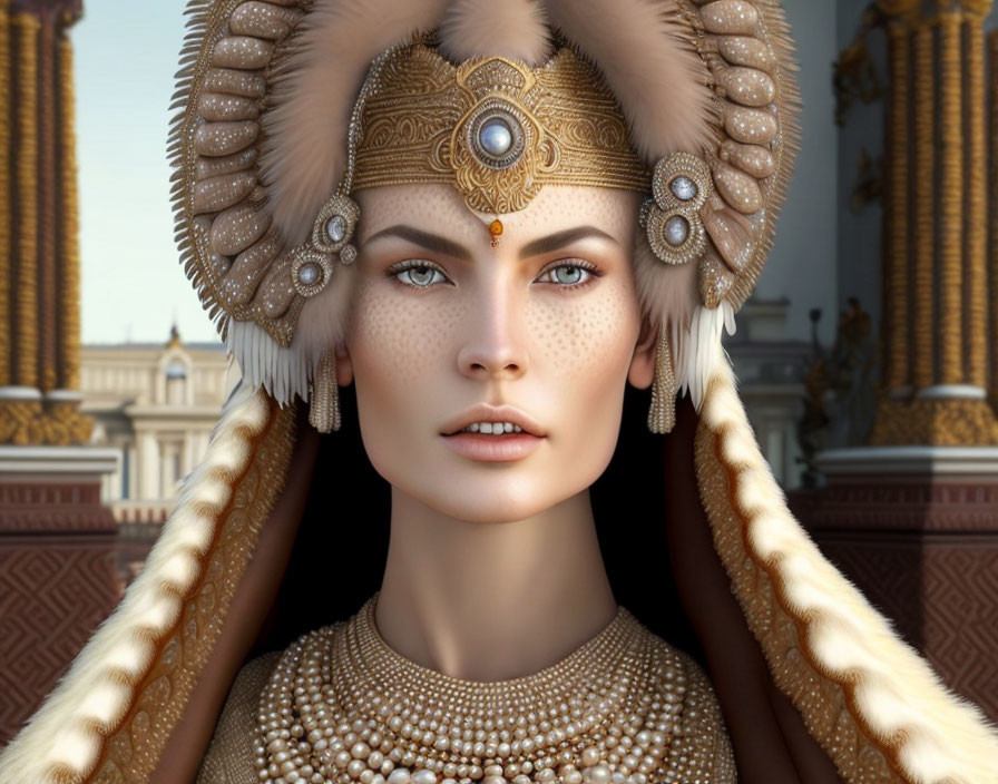 Woman with freckles in gold headdress with pearls and blue gemstone against classical architecture.