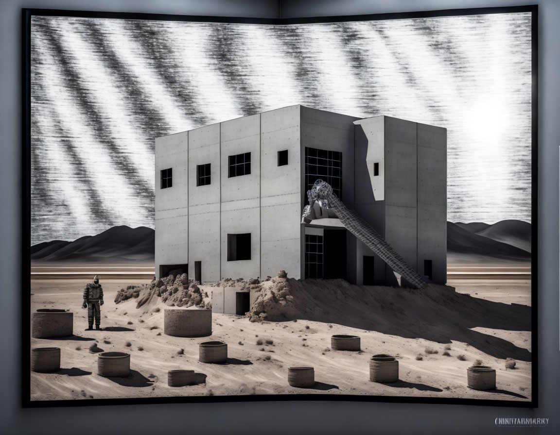 Surreal black and white image of soldier and metallic figure in desert landscape