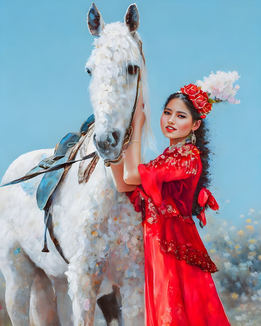 Woman in red dress with floral headwear beside white horse on blue backdrop