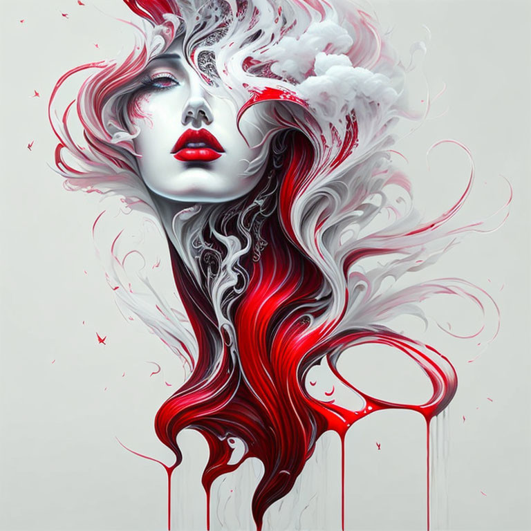 Surreal artwork featuring woman's face with red and white flowing hair and red butterflies