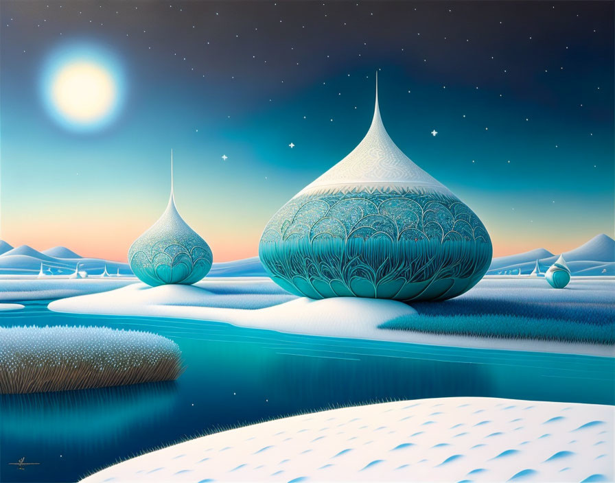 Surreal landscape with teal-domed structures and moonlit river