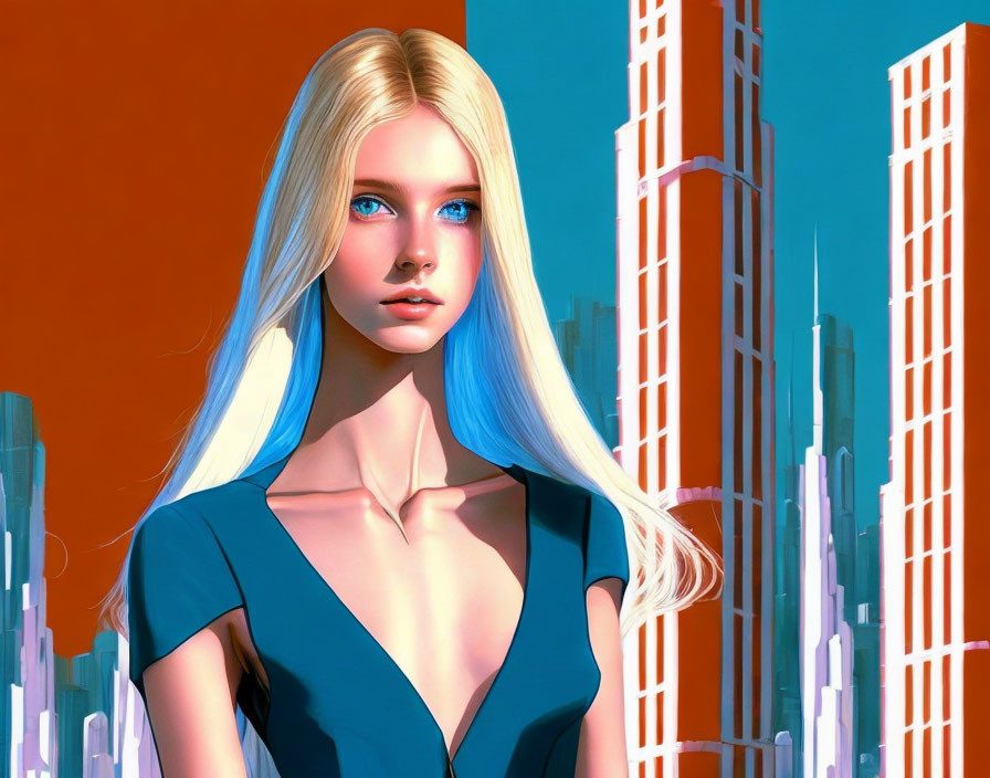 Blonde Woman with Blue Eyes in Cityscape Illustration