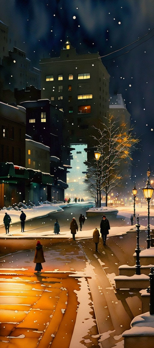 Snowy City Street at Night with Illuminated Buildings and People Walking