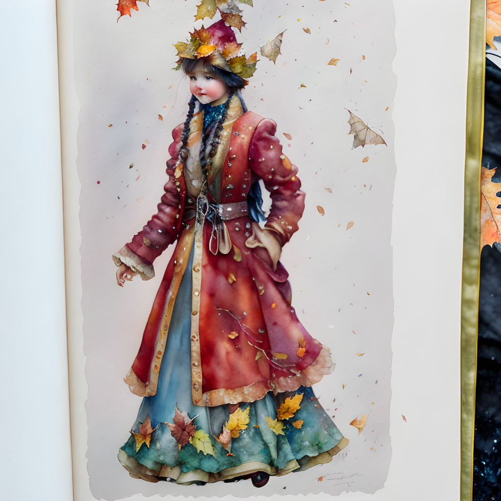 Autumn-themed porcelain doll in jacket, scarf, and leafy hat on light background