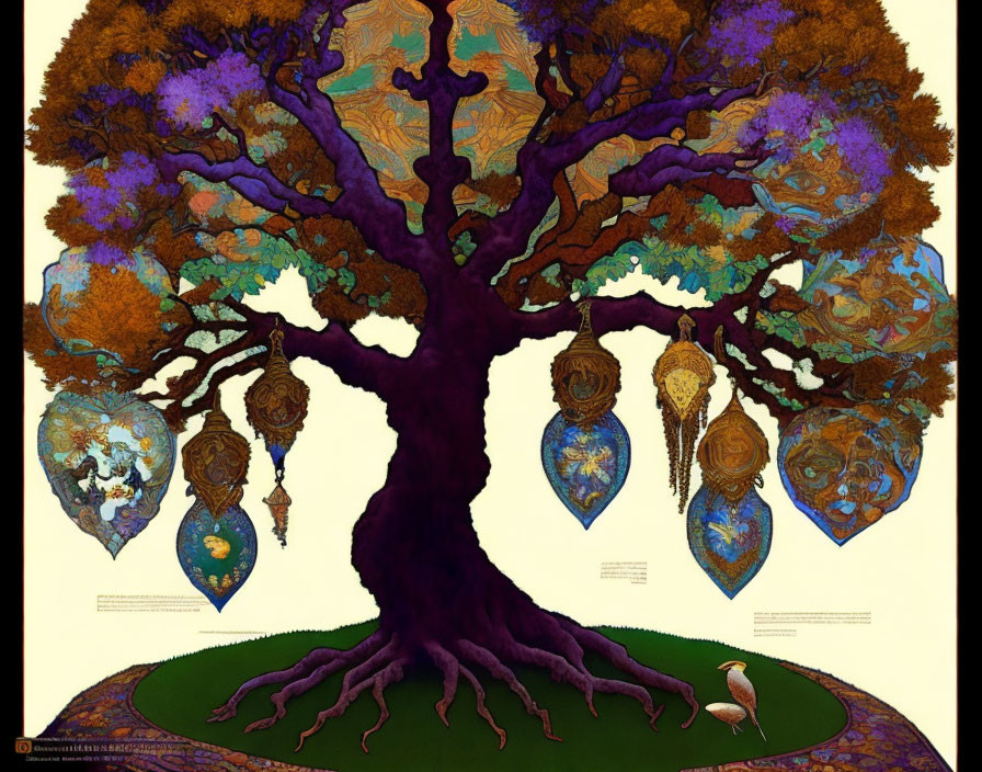 Colorful Tree Illustration with Ornaments and Patterns on Dark Background