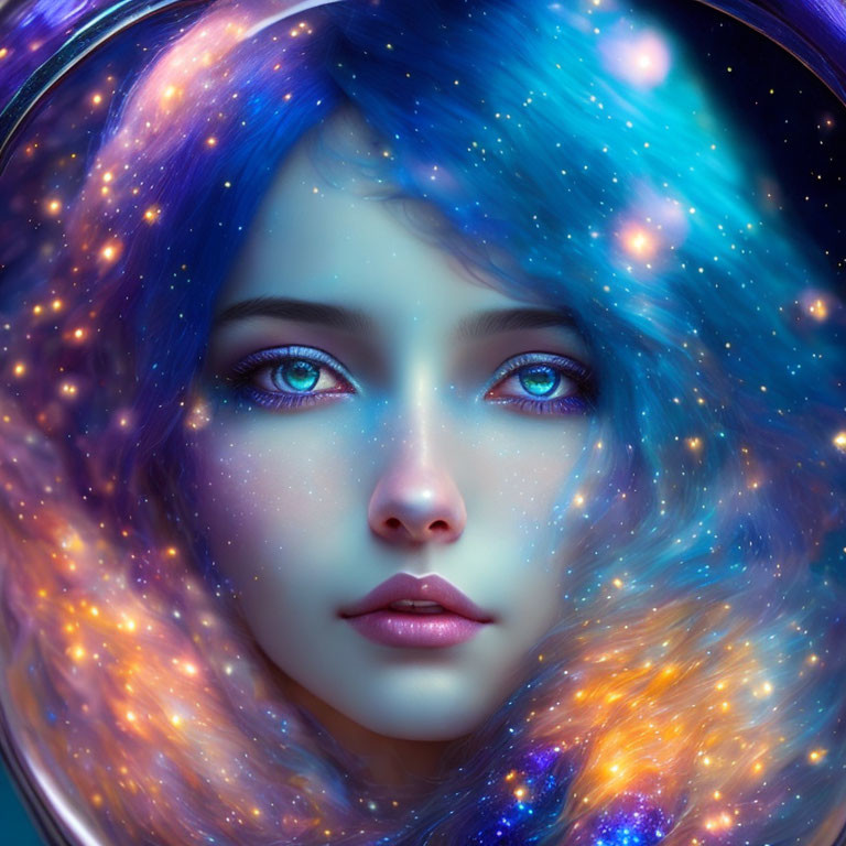 Cosmic-themed digital art portrait of a woman with vibrant blue eyes