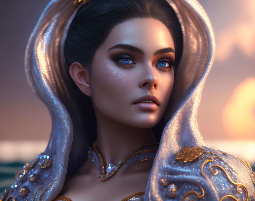 Female character with blue eyes, glittery makeup, golden armor, warm backdrop