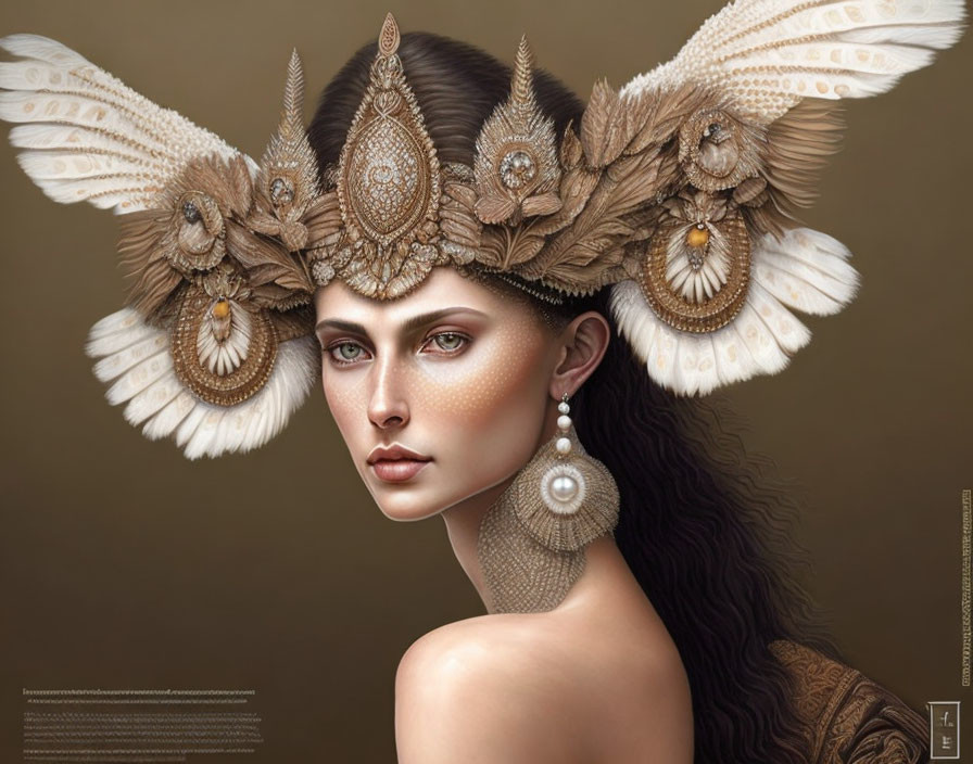 Striking Green-Eyed Woman in Majestic Feathered Headdress