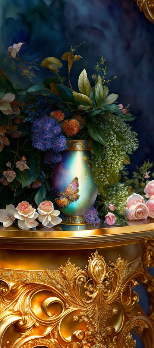 Golden vase with butterfly design amid colorful flowers on dark background