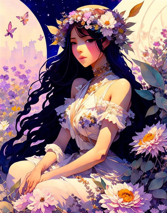 Woman with Dark Hair in Flower-Adorned White Dress Surrounded by Flora in Celestial