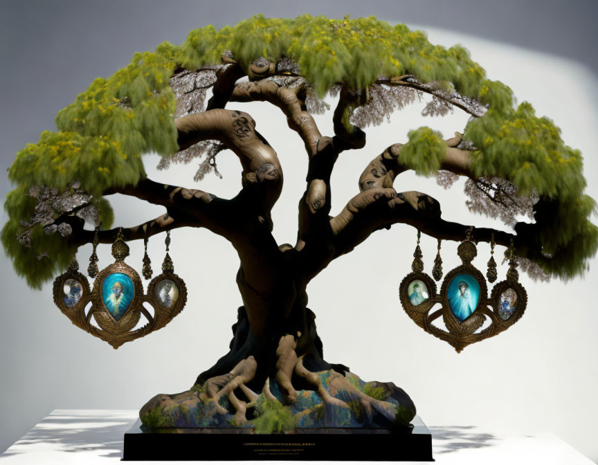 Detailed Sculpted Tree with Green Foliage and Blue Gem Pendants