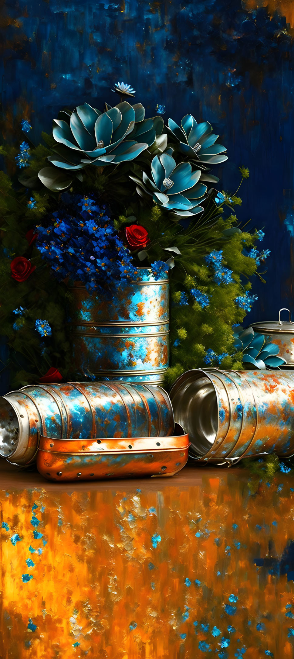 Colorful digital artwork: blue flowers on rustic metal cans with blue and orange backdrop