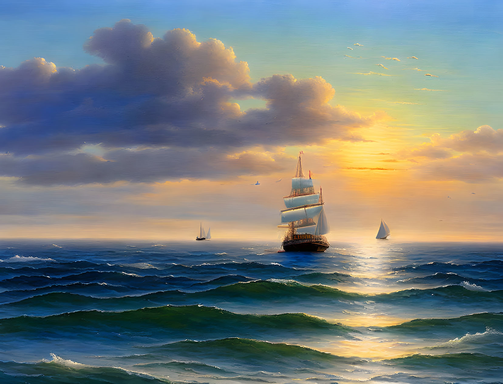 Sunset seascape with tall ship sailing on choppy waters.