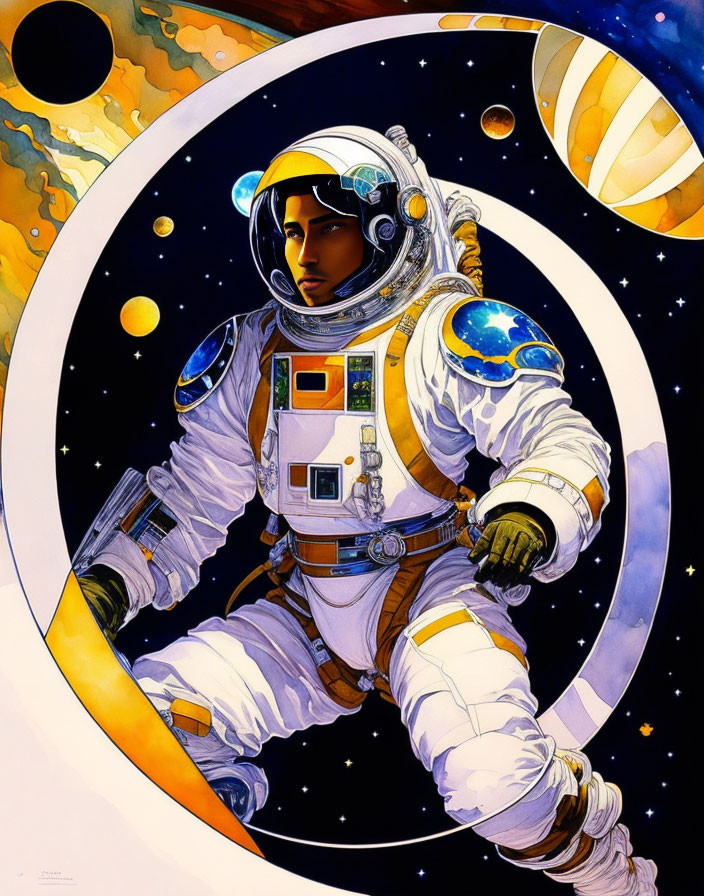 Illustrated astronaut in space with planets and stars in circular frame