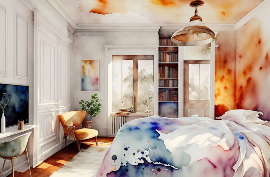 Surreal bedroom with watercolor splotches, large windows, and vintage decor