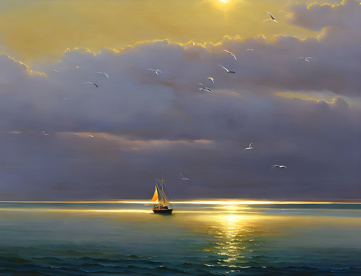 Sailboat sailing under golden sunset with seagulls