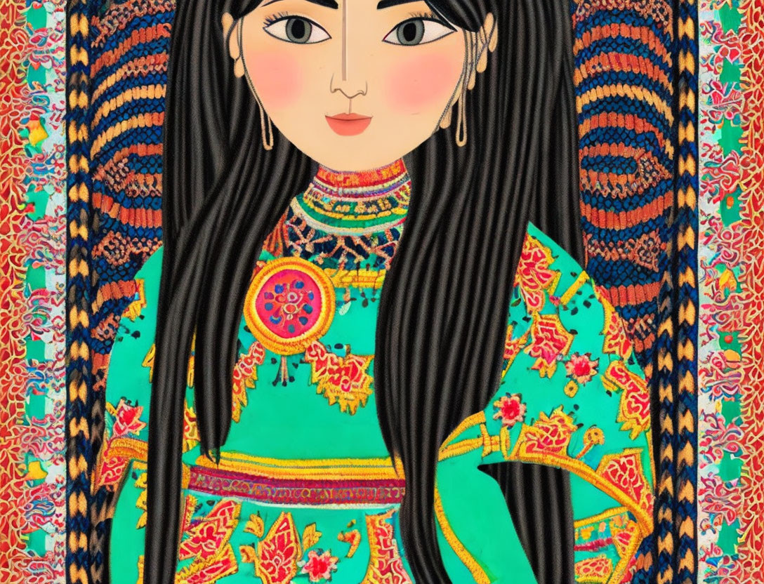 Detailed Illustration of Girl with Long Black Braided Hair in Vibrant Turquoise Garment