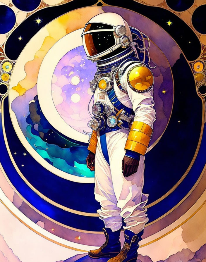 Astronaut in front of vibrant cosmic backdrop