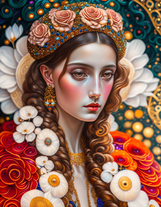 Colorful portrait of woman with floral crown & intricate jewelry