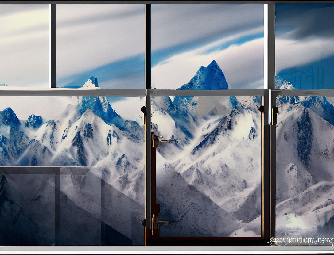 Scenic snow-capped mountains seen through segmented glass windows