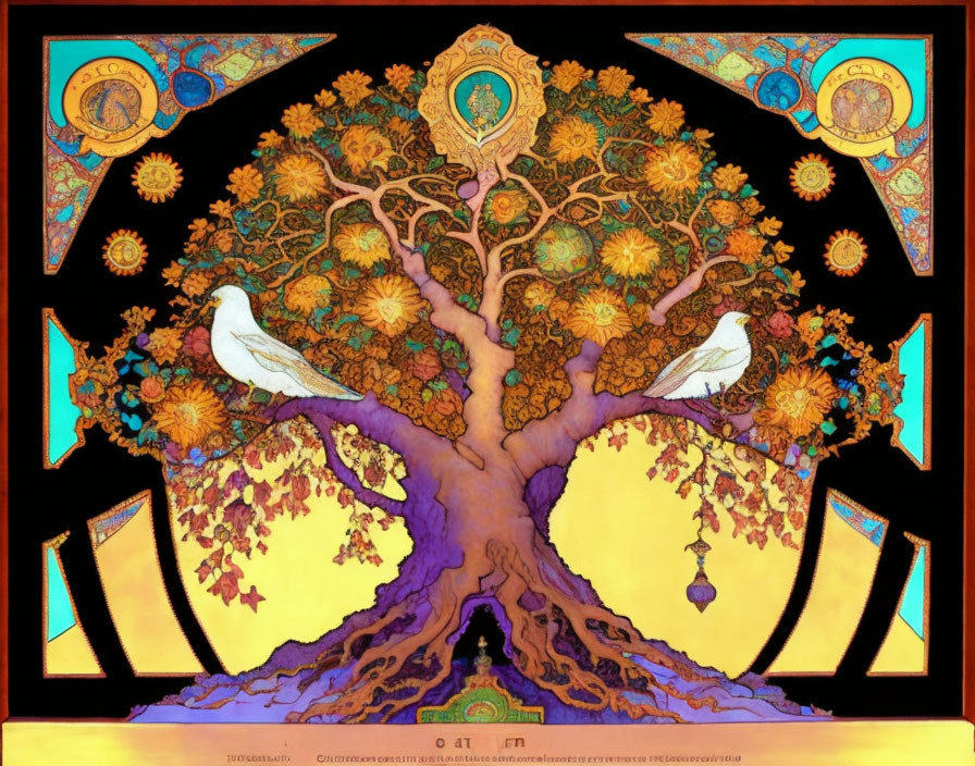 Colorful Stylized Tree Art with Birds and Ornamental Borders in Warm Tones