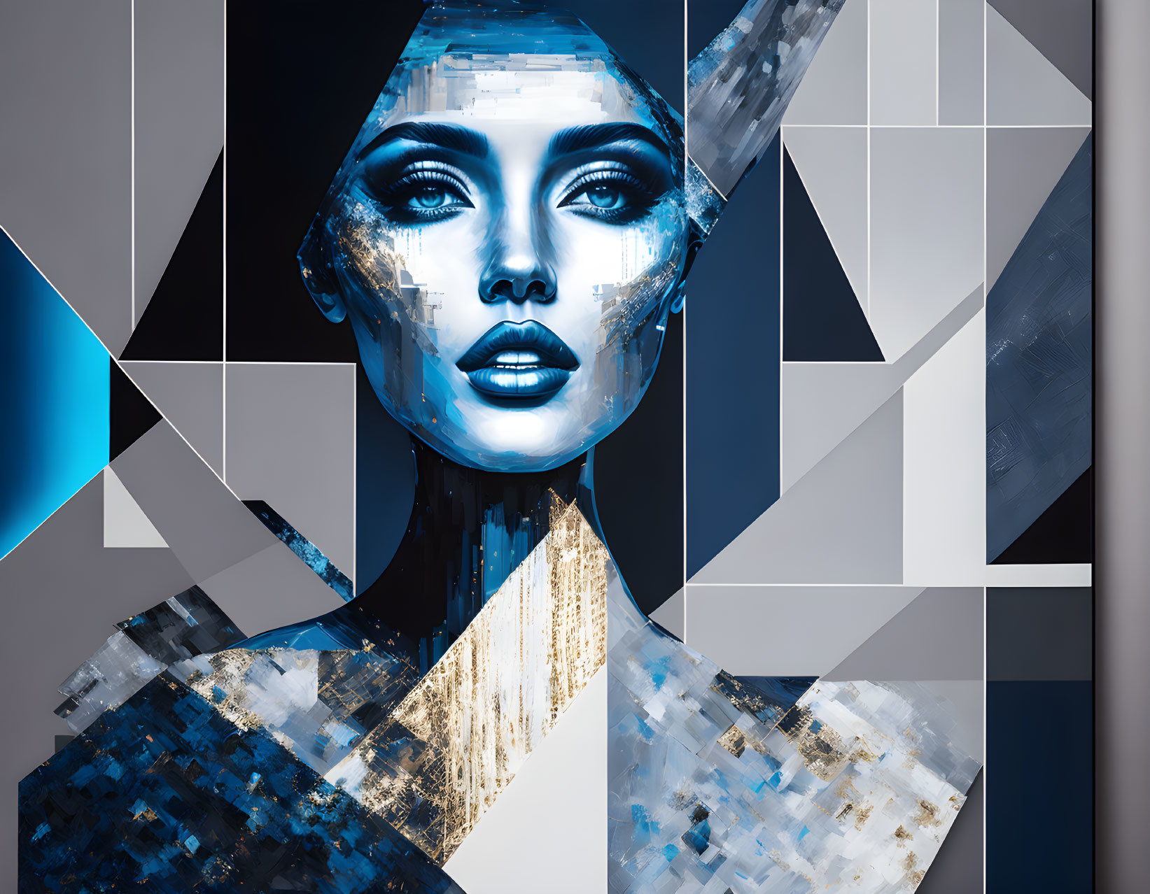 Blue-toned abstract digital art of woman's face with geometric shapes and textures on fragmented background