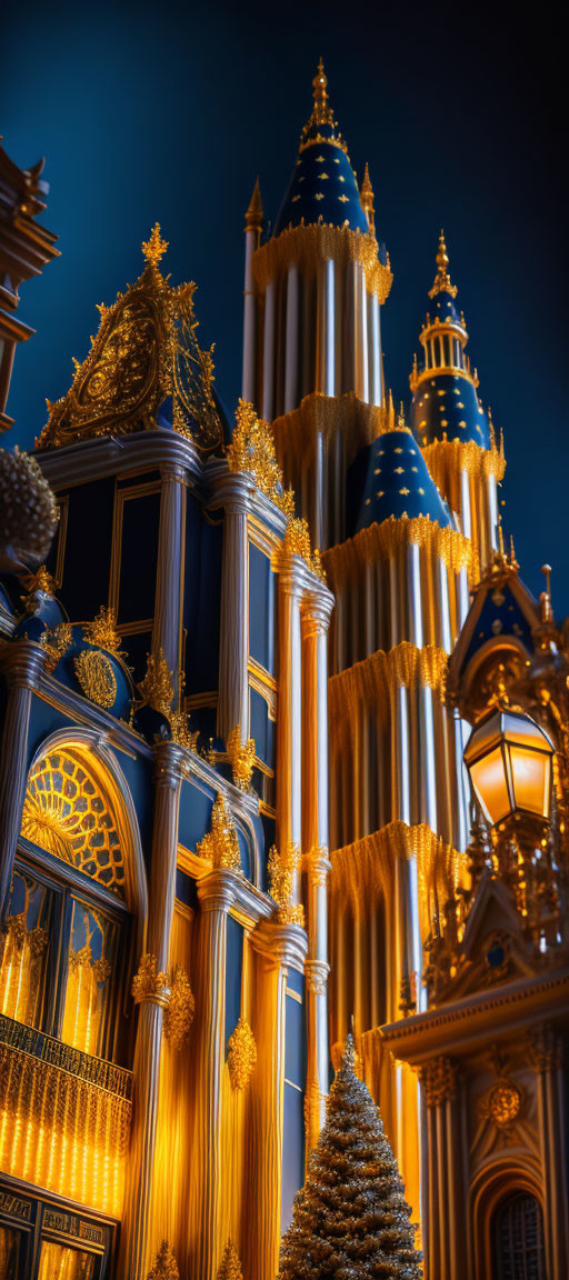 Gothic-style building with golden accents and Christmas tree at night