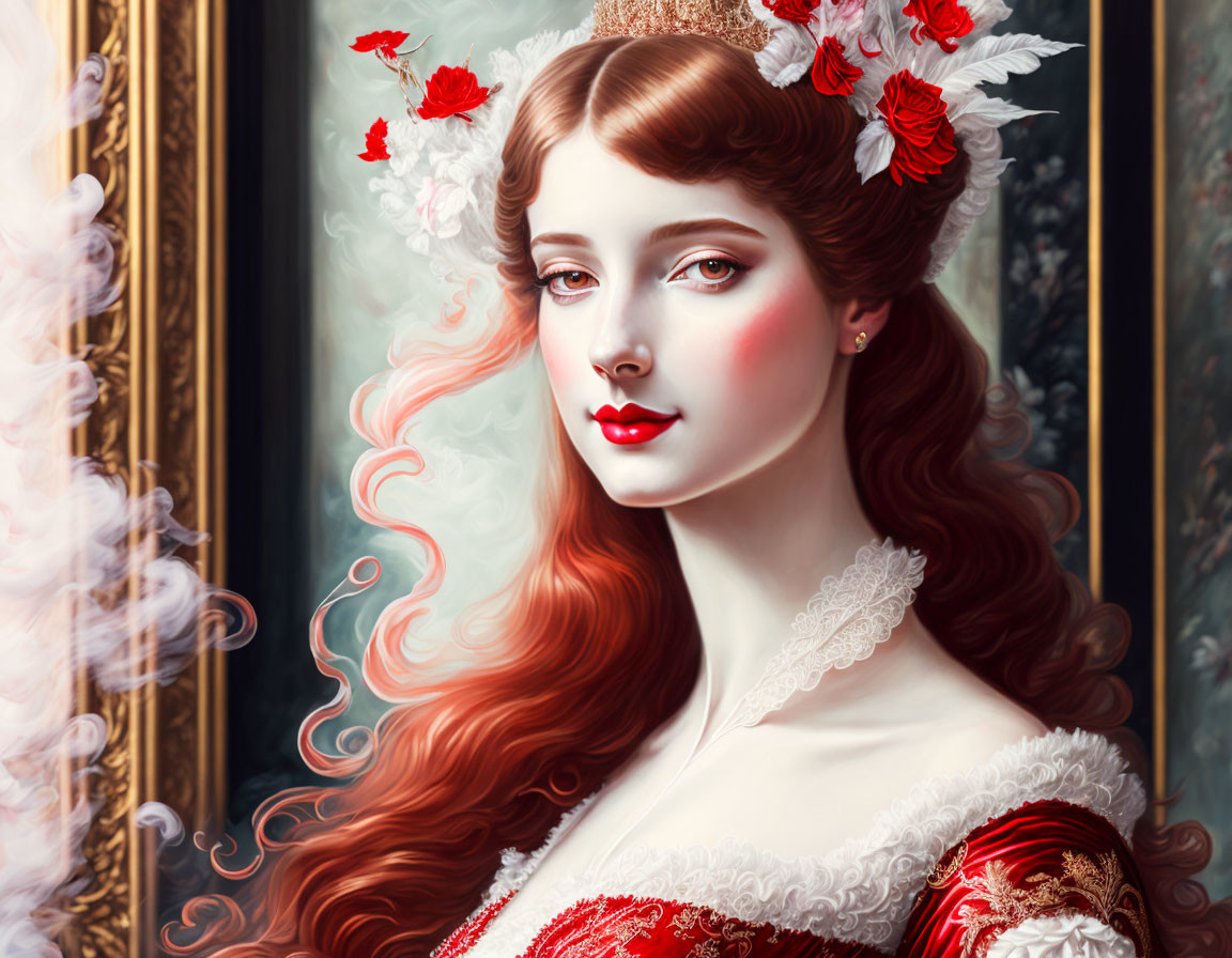 Digital painting of woman with red hair in vintage dress near ornate frame