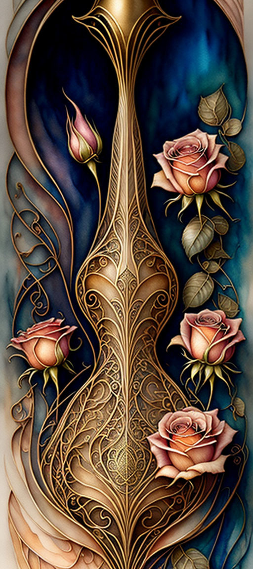 Ornate vase-like structure with pink roses on muted background