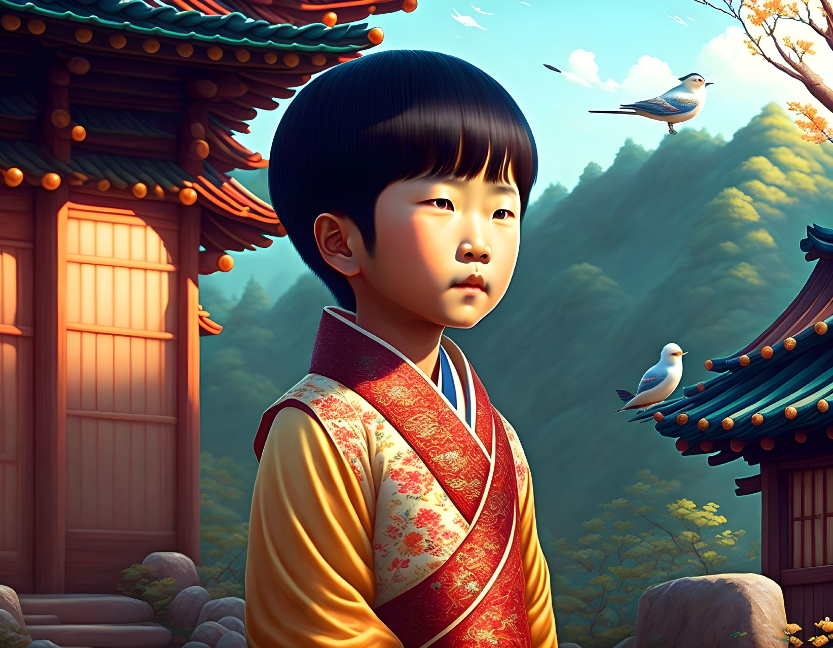 Child in Traditional Korean Attire with Scenic Backdrop and Birds