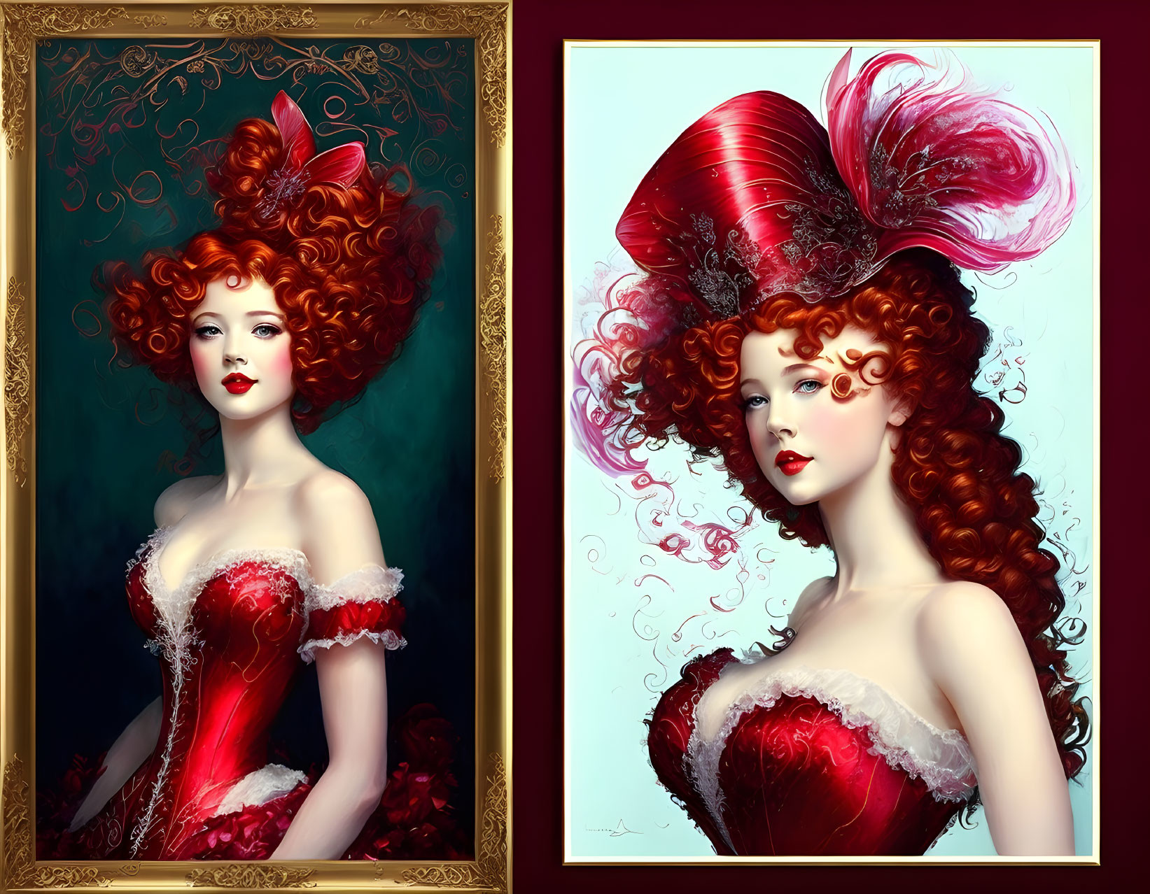 Fantasy baroque woman with red hair and feathered hat on vibrant background