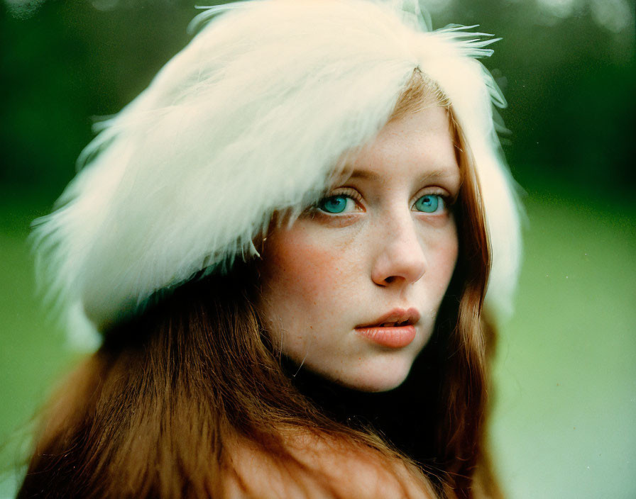 Woman with Blue Eyes and Auburn Hair in White Feathered Headpiece