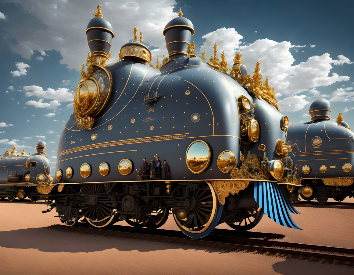 Blue and Gold Ornate Locomotive in Desert Landscape