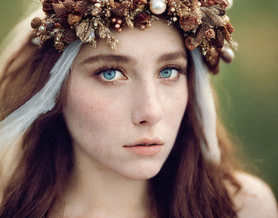 Portrait of a woman with blue eyes, freckles, floral headpiece, and white veil