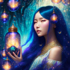 Blue-haired girl holding galaxy lantern among orbs and stars in cosmic scene