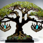 Detailed Sculpted Tree with Green Foliage and Blue Gem Pendants