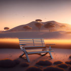 Tranquil sunrise over sand dunes with bench and distant planet