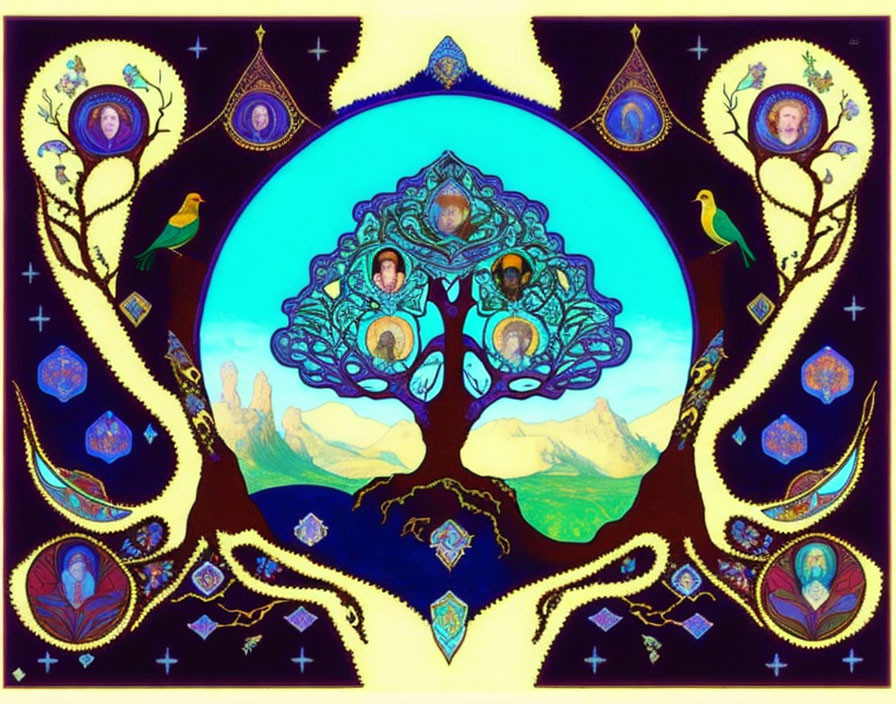 Symmetrical artwork with central tree, human faces, birds, gemstones, and celestial motifs on night