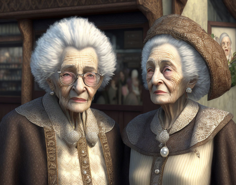 Two stylish elderly women in vintage attire and hats, one facing the camera, the other looking away,