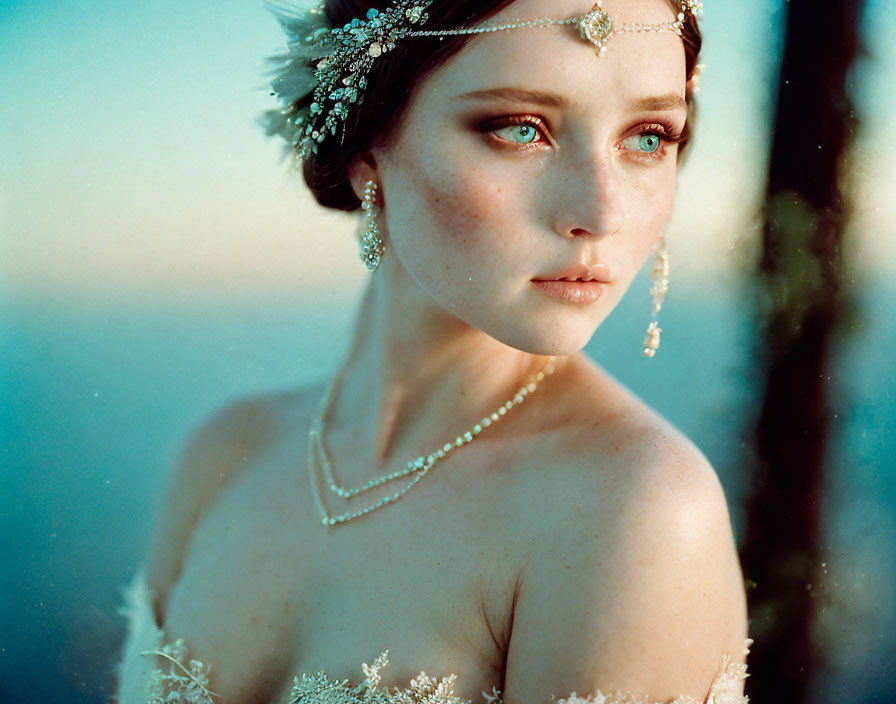 Ethereal woman with intricate headpiece and elegant jewelry in dreamy blue setting