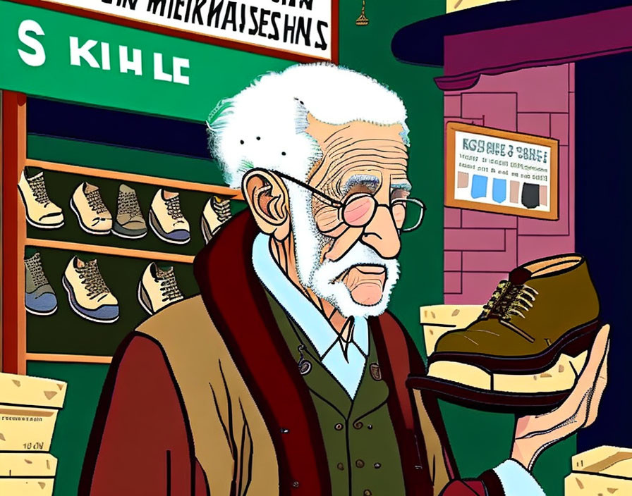 Elderly man with white hair and glasses holding a shoe in front of shoe store display