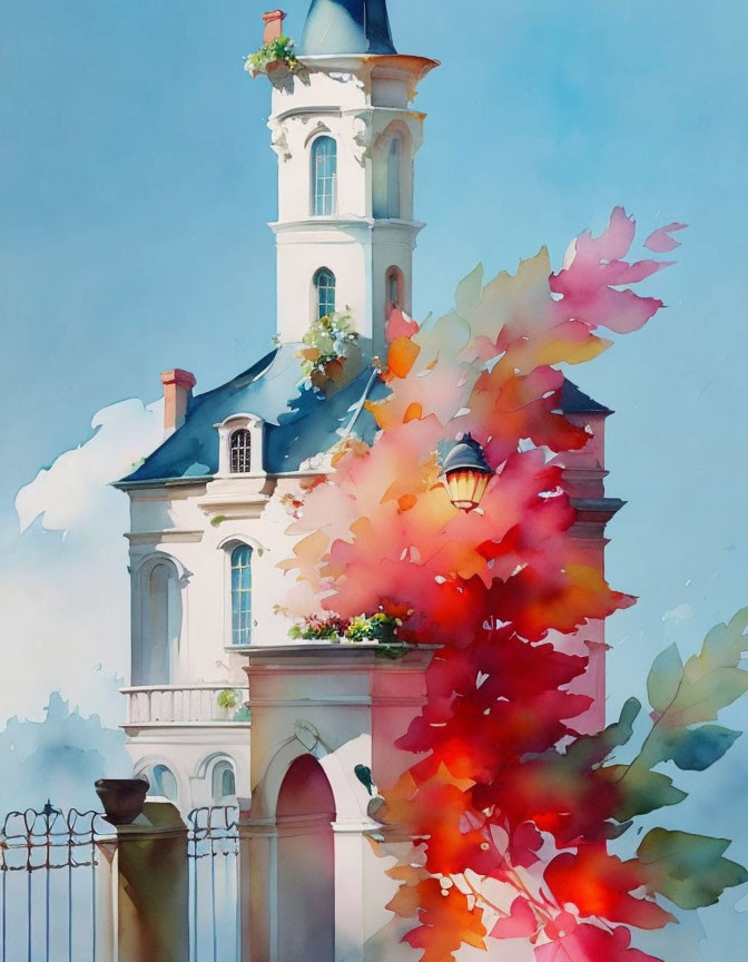 Colorful watercolor painting of white mansion with autumn tree & street lamp