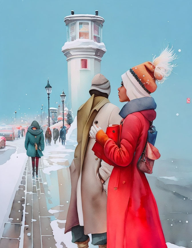 Couple in warm winter clothes embracing near lighthouse in snowy street scene