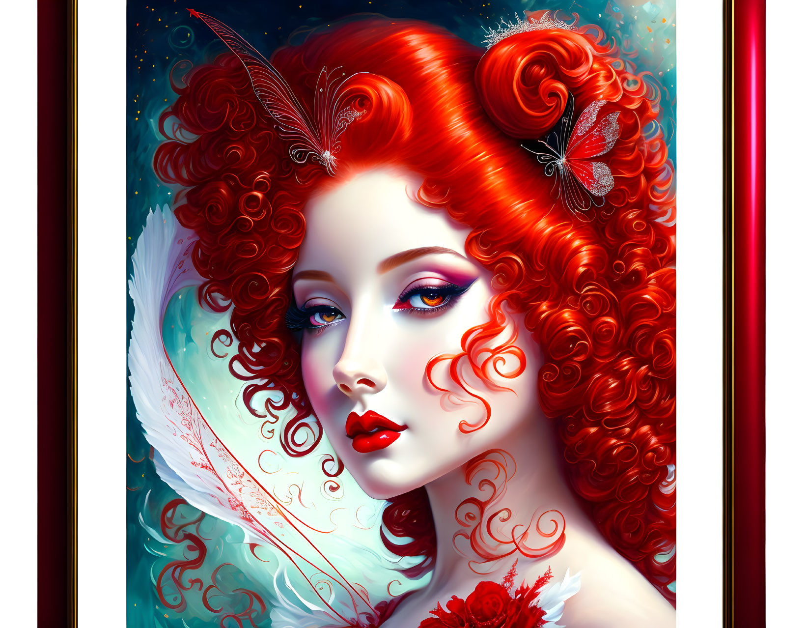 Vibrant red hair woman with butterfly accessories and floral tattoo